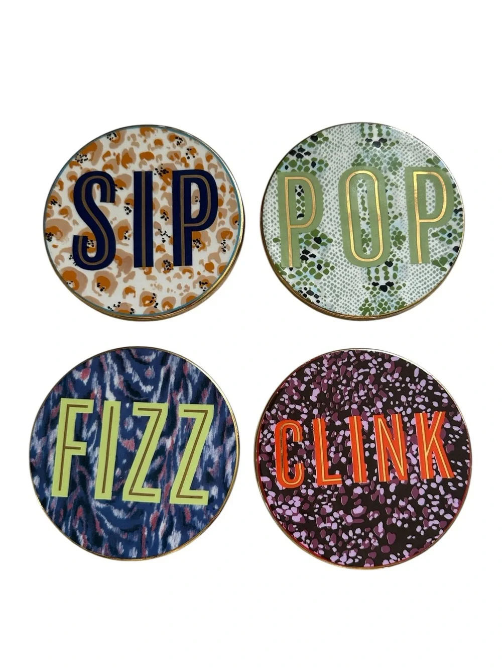 Anthropologie Gisele Coasters Set of 4 Artsy Print Gold Trim Cork Back